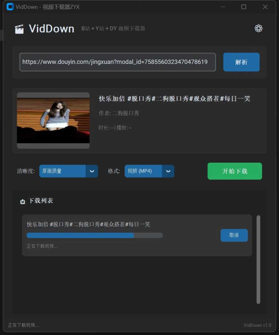 VidDown v1.0 视频下载器 支持 B 站 / 抖音 / 油管 无水印高清下载